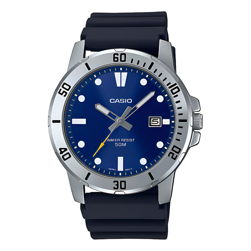 Reloj Casio Hombre Mtp-vd01-2e Ag Of Local Barrio Belgrano Color De La Malla Negro Color Del Bisel Plateado Color Del Fondo Azul