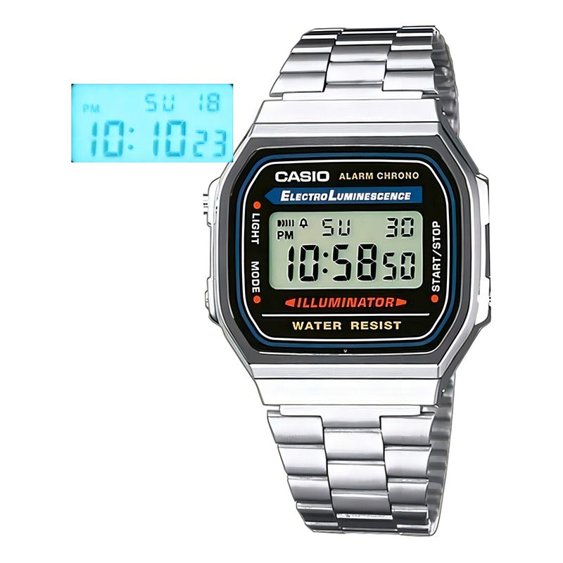 Reloj Pulsera Digital Casio A168wa-1 Con Correa De Acero Inoxidable Color Plateado - Fondo Gris/negro/azul
