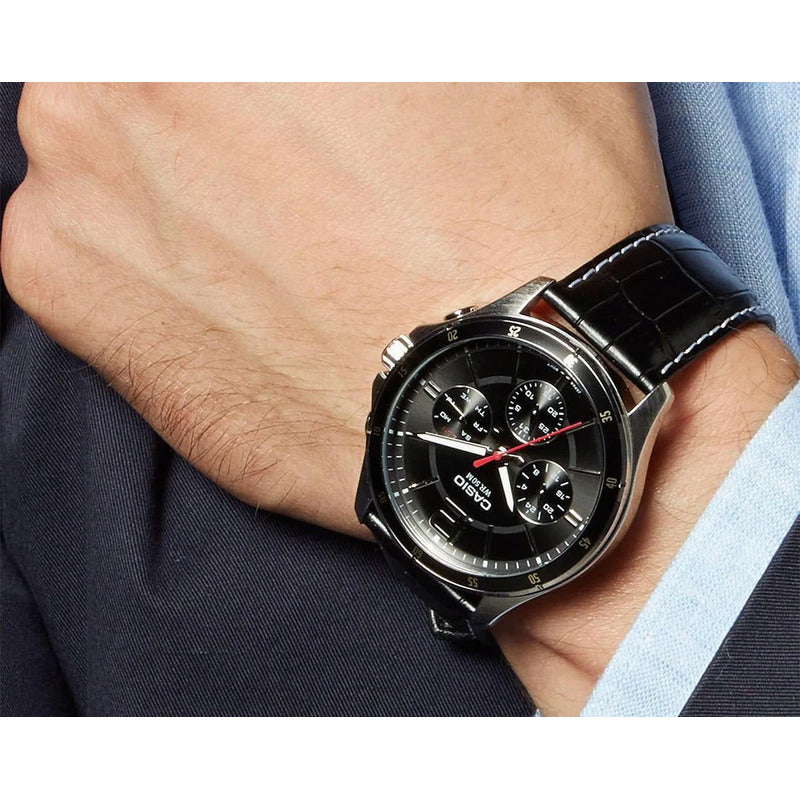 Reloj Casio Mtp-1374l-1a Hombre Multifuncion Acero Cuero 50m Wr Negro
