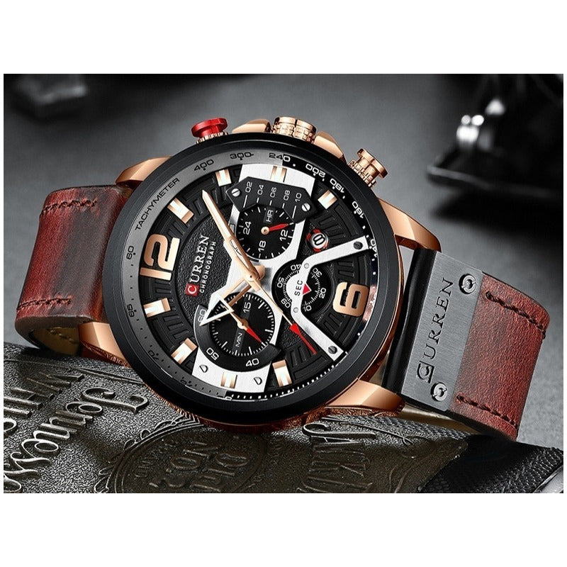 Reloj Pulsera Curren 8329 Con Correa De Cuero Color Marrón - Fondo Negro - Bisel Negro/gris