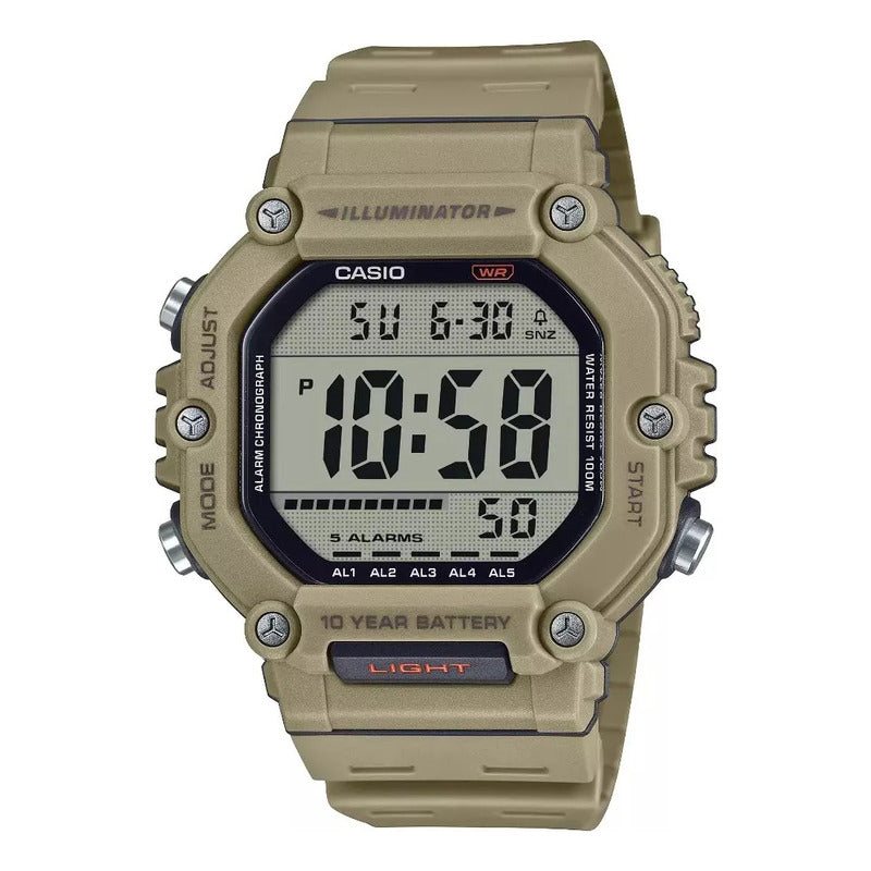 Reloj Casio Illuminator Digital Ae-1600h-5av Caballero Correa Beige Bisel Beige Fondo Azul Acero