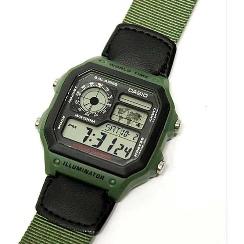 Reloj Pulsera Digital Casio Ae-1200whb-3b Con Correa De Tela Color Negro/verde - Fondo Negro