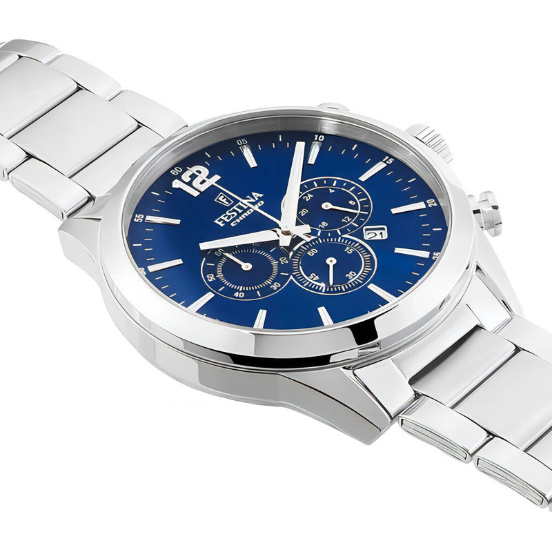 Reloj Festina Hombre Cronógrafo F20343/7 Color Del Fondo Azul Color De La Malla Plateado Color Del Bisel Plateado