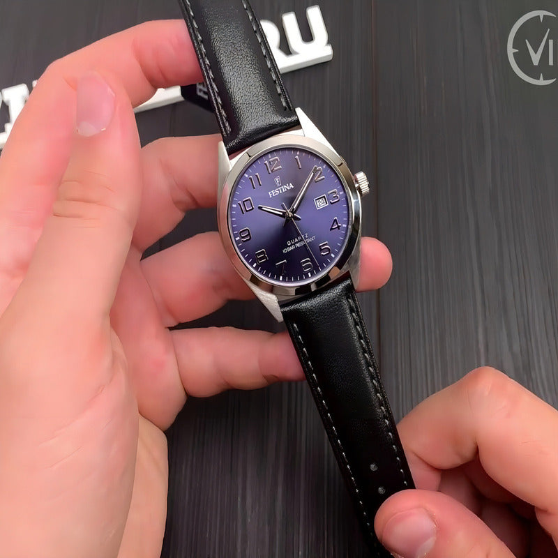 Reloj Pulsera Festina F20446 Con Correa De Cuero Color Negro - Fondo Azul - Bisel Plateado