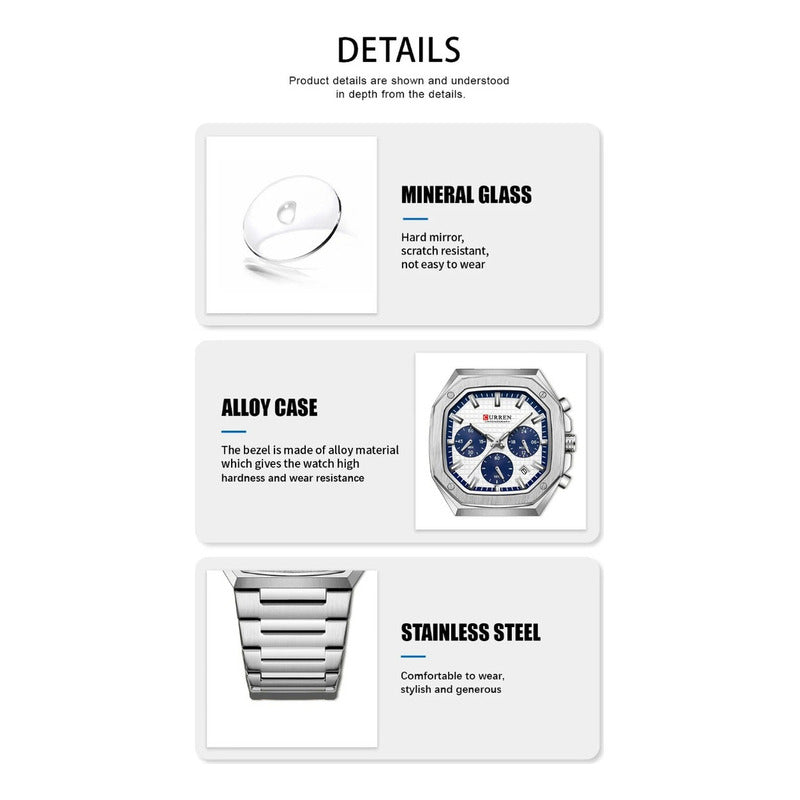 Reloj De Cuarzo Curren 8459-1 Para Hombre, Elegante Plateado Plateado Blanco