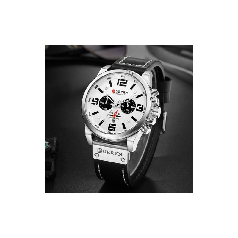 Reloj Curren Cr 8314 Hombre Cuero Negro Chrono Blanco
