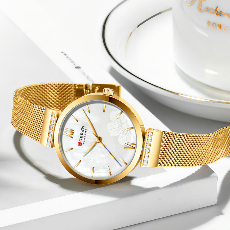 Reloj Curren De Cuarzo Inoxidable De Malla Elegante Para Muj Color De La Correa Dorado Blanco