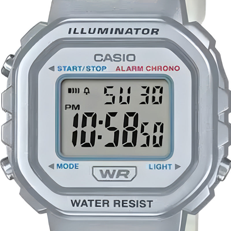 Reloj Casio Juvenil Dama La-20whs-7a Color De La Malla Transparente Plateado Blanco