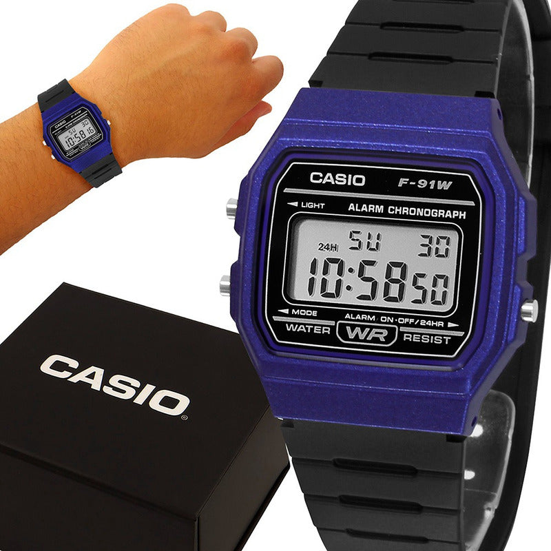 Reloj De Pulsera Casio Collection F-91wm-2a De Cuerpo Color Azul, Digital, Para Hombre, Fondo Gris, Con Correa De Resina Color Negro, Dial Negro, Bisel Color Negro Y Hebilla Simp