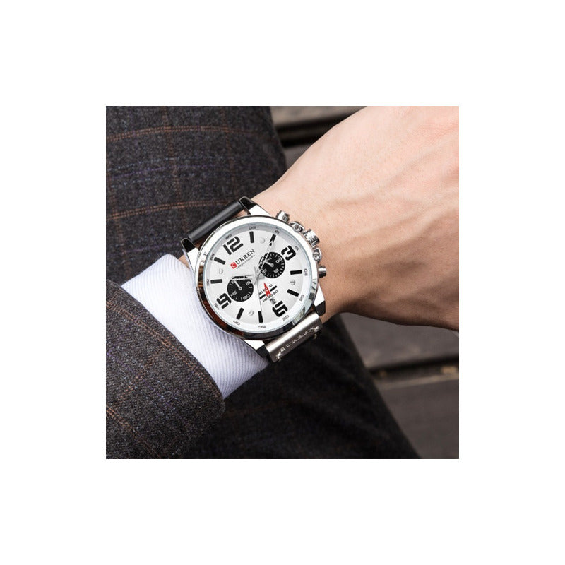 Reloj Curren Cr 8314 Hombre Cuero Negro Chrono Blanco