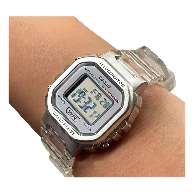 Reloj Casio Juvenil Dama La-20whs-7a Color De La Malla Transparente Plateado Blanco