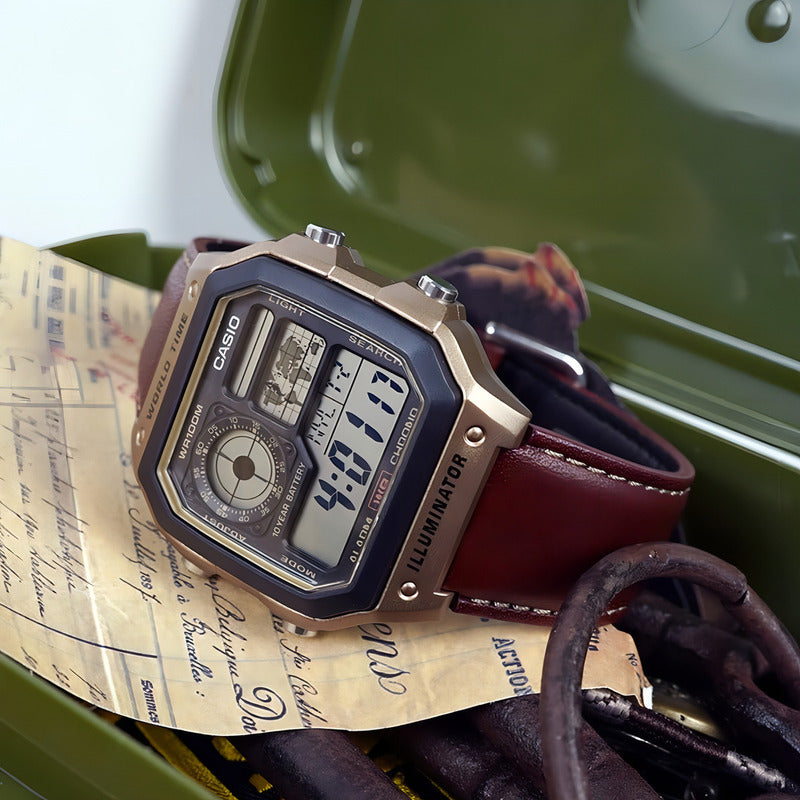 Casio Reloj Hombre Sumergible Ae-1200whl-5 Malla Cuero Marrón Dorado Oscuro Gris