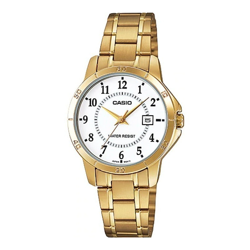 Reloj Casio Ltpv004 Mujer Acero Inoxidable Fechador Dorado Blanco
