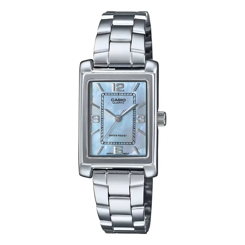 Reloj Pulsera Casio Ltp-1234ds-2adf Con Correa De Acero Inoxidable Color Plateado - Fondo Azul