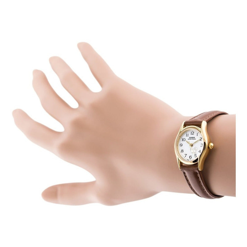 Reloj Casio Cuero Dama Ltp-1094q-7b7 Original Marrón Claro Dorado Blanco