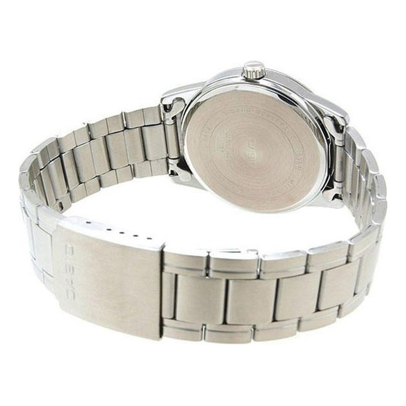 Reloj Pulsera Casio Mtp-v001d-1budf Con Correa De Acero Inoxidable Color Plateado - Fondo Negro