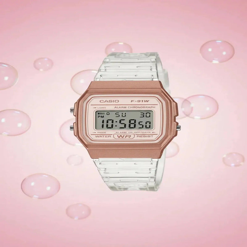 Reloj Casio F-91ws-7a3df Cuarzo Mujer Oro Rosa Transparente