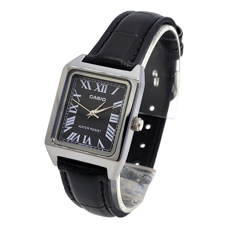 Reloj Casio Dama Correa Piel Genuina Ltp-v007l-1bu Negro Plateado