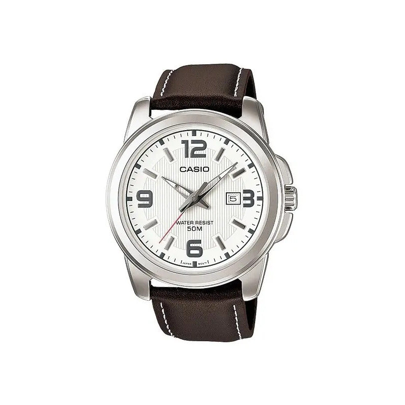 Reloj Casio Mtp-1314l-7a 50m Wr Acero Cuero Fechador Hombre Marrón Oscuro Plateado