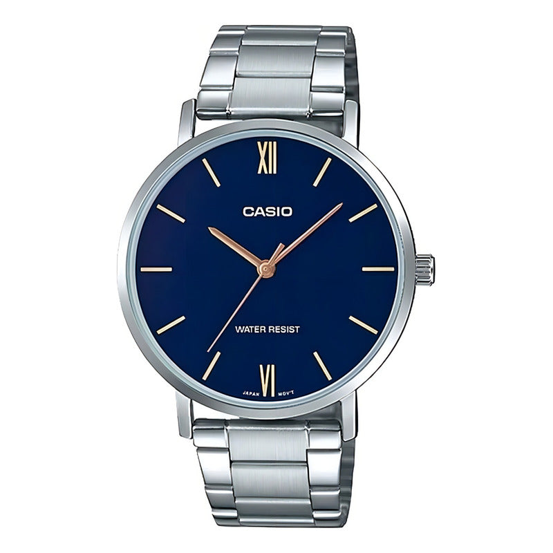 Reloj Pulsera Casio Mtp-vt01d-2b Con Correa De Acero Inoxidable Color Plateado - Fondo Azul