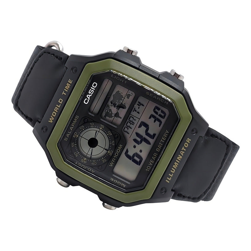 Reloj Pulsera Digital Casio Ae-1200whb-1b Con Correa De Tela Color Negro - Bisel Verde