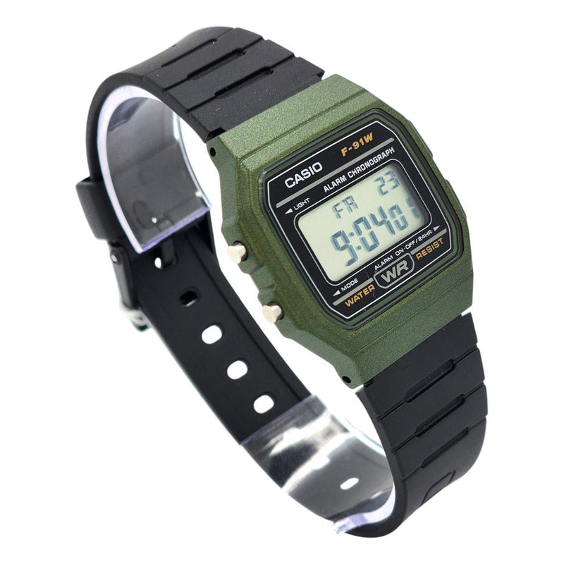 Reloj De Pulsera Casio Collection F-91wm-3a De Cuerpo Color Verde, Digital, Para Hombre, Fondo Gris, Con Correa De Resina Color Negro, Dial Negro, Bisel Color Verde Y Hebilla