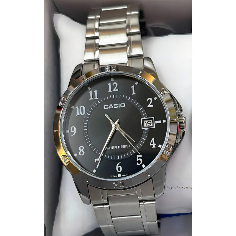 Reloj Pulsera Casio Mtp-v004gl-9 Con Correa De Acero Inoxidable Color Plata - Fondo Negro