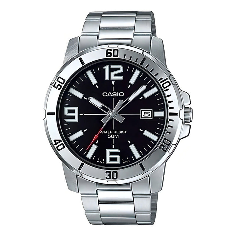 Reloj Casio Hombre Mtp-vd01d, 50m, Fechador, Correa Plateado Bisel Plateado Fondo Negro