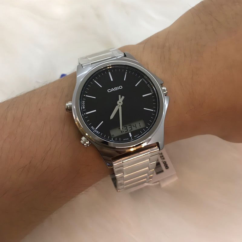 Reloj Casio Mtp-vc01d Para Hombre Con Correa De Acero Y Fondo Negro Plateado