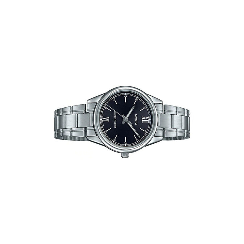 Reloj Casio Dress Ltp-v005d-1b2 Dama, Acero Inoxidable, Color Del Fondo Negro Con Numeros Romanos, Color De La Correa Plateado, Color Del Bisel Plateado.