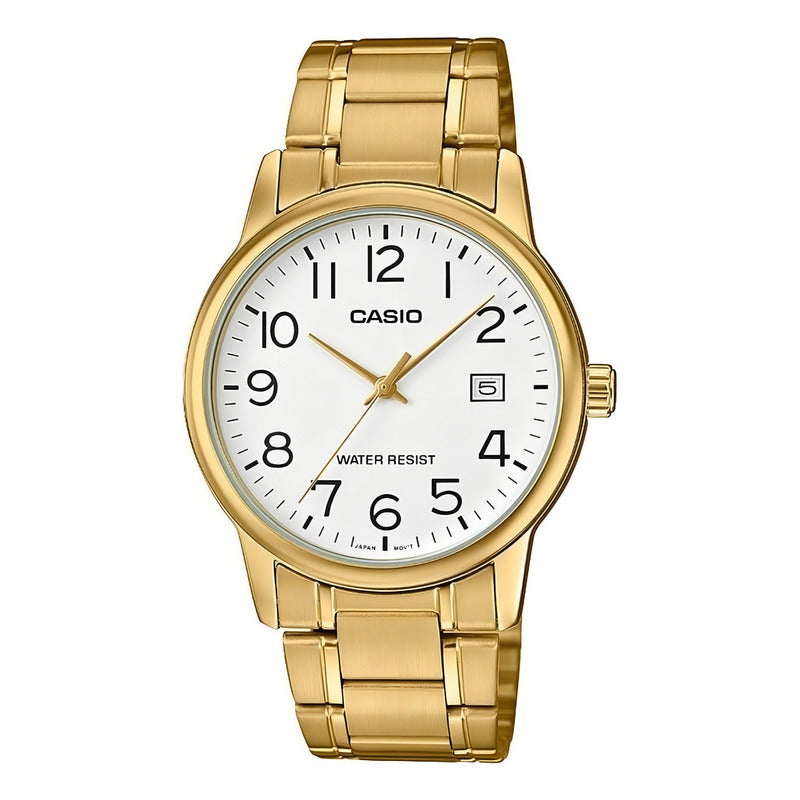 Reloj Pulsera Casio Mtp-v002g-7b2u Con Correa De Acero Inoxidable Color Dorado - Fondo Blanco