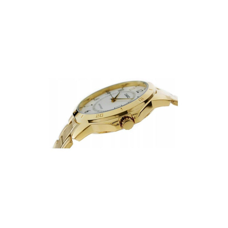 Reloj De Pulsera Casio Enticer Mtp-v004 De Cuerpo Color Dorado, Analógico, Para Hombre, Fondo Blanco, Con Correa De Acero Inoxidable Color Dorado, Agujas Color Dorado, Dial Negro, Minutero/segundero N