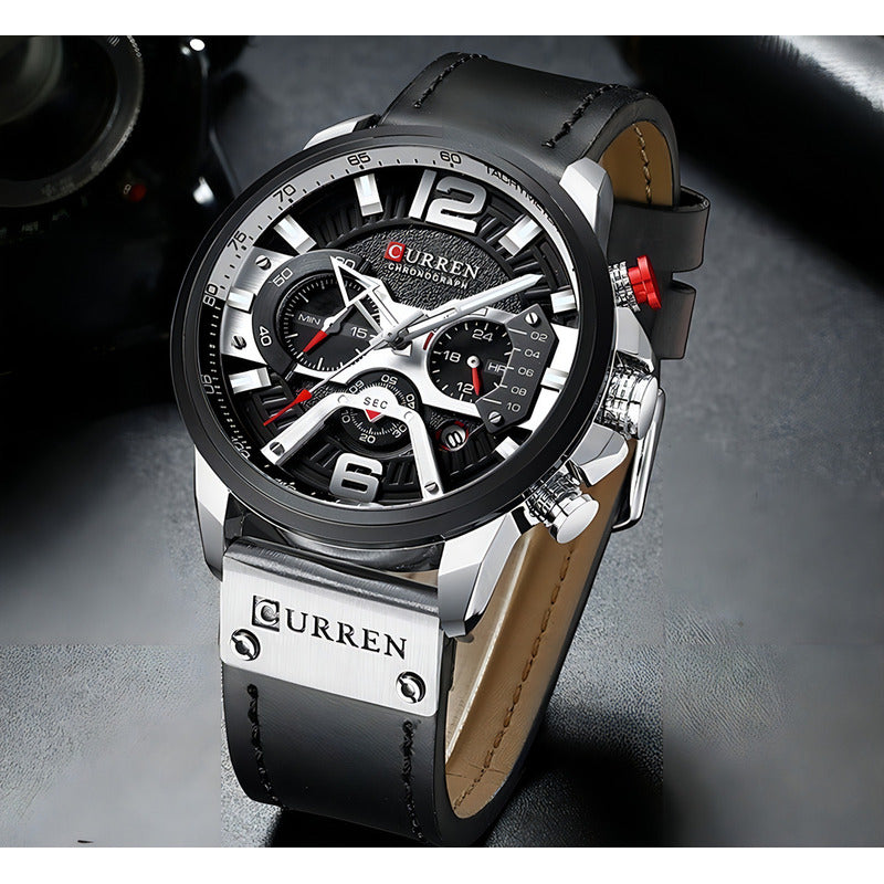 Reloj Pulsera Curren 8329 Con Correa De Cuero Color Negro - Bisel Negro/blanco