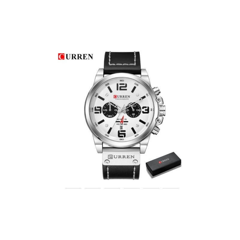 Reloj Curren Cr 8314 Hombre Cuero Negro Chrono Blanco