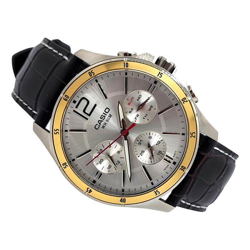 Reloj Casio Hombre Mtp-1374l-7av Color De La Correa Marrón Color Del Bisel Plateado/dorado Color Del Fondo Plateado Negro Plata