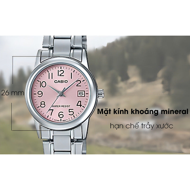 Reloj Casio Ltp-v002d Para Mujer Con Correa De Acero Plateado Y Fondo Rosa Plata