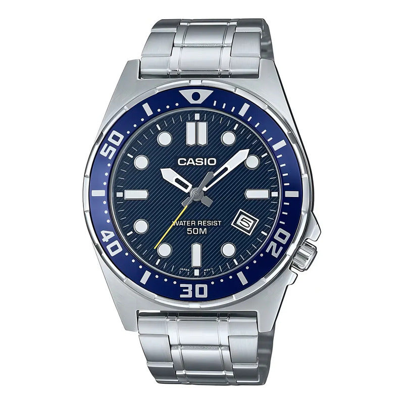 Reloj Casio Para Hombre, De Acero, Con Calendario Y Fondo Azul Marino Plateado