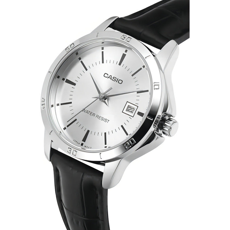 Reloj Pulsera Casio Mtp-v004l-7a Con Correa De Cuero Color Negro - Fondo Blanco - Bisel Plata