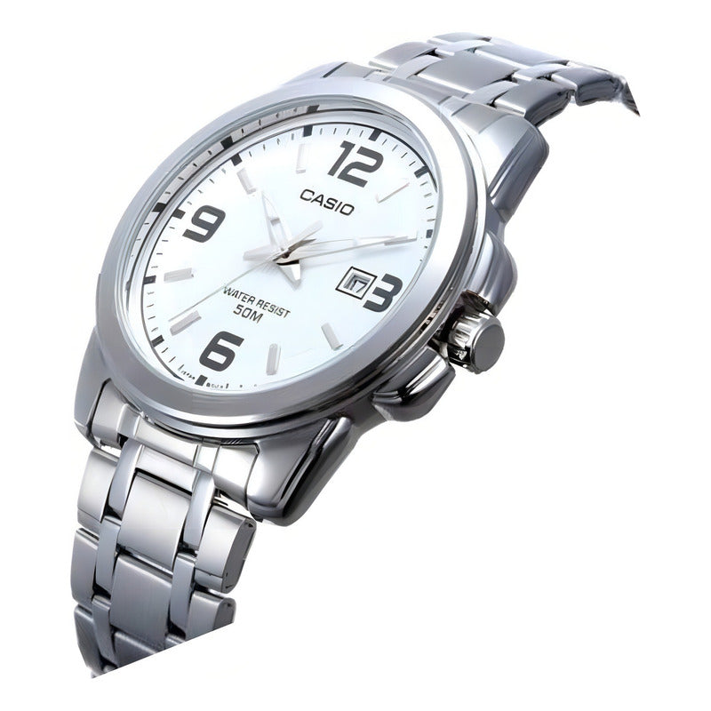 Reloj Pulsera Casio Mtp-1314d-1a Con Correa De Acero Inoxidable Color Plateado - Fondo Negro