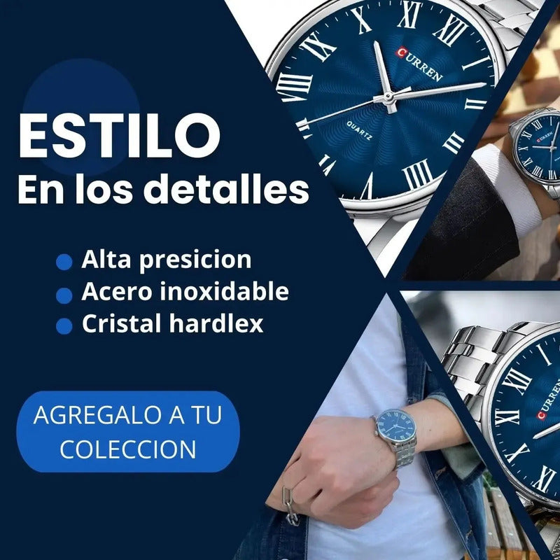 Reloj Hombre Analógico Acero Clasico Vintag Curren 8422-3 Acero Inoxidable Acero Inox Azul