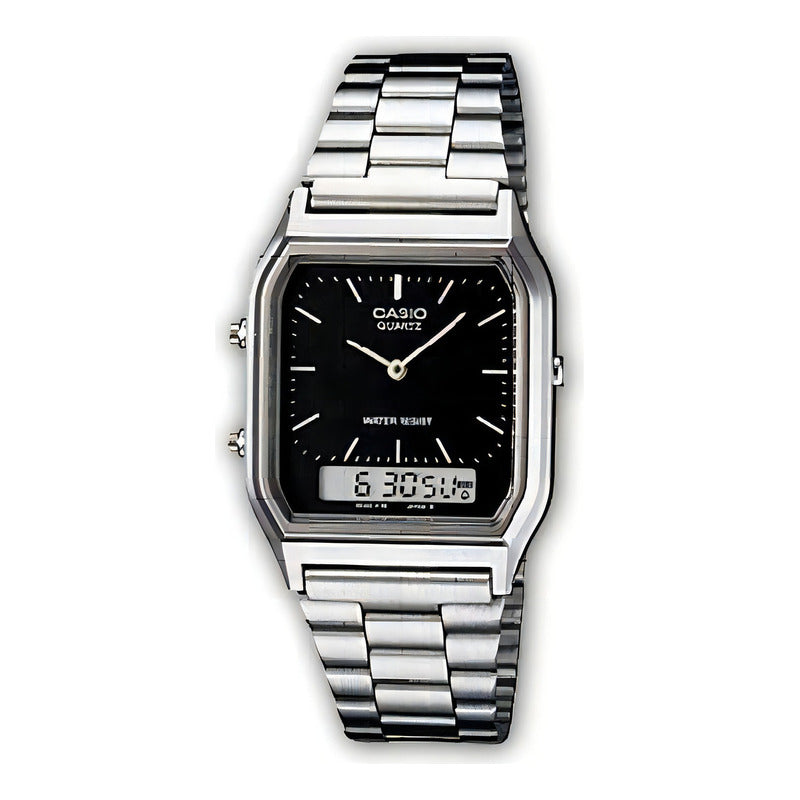 Reloj Pulsera Casio Aq-230 Con Correa De Acero Inoxidable Color Plateado - Fondo Negro/gris