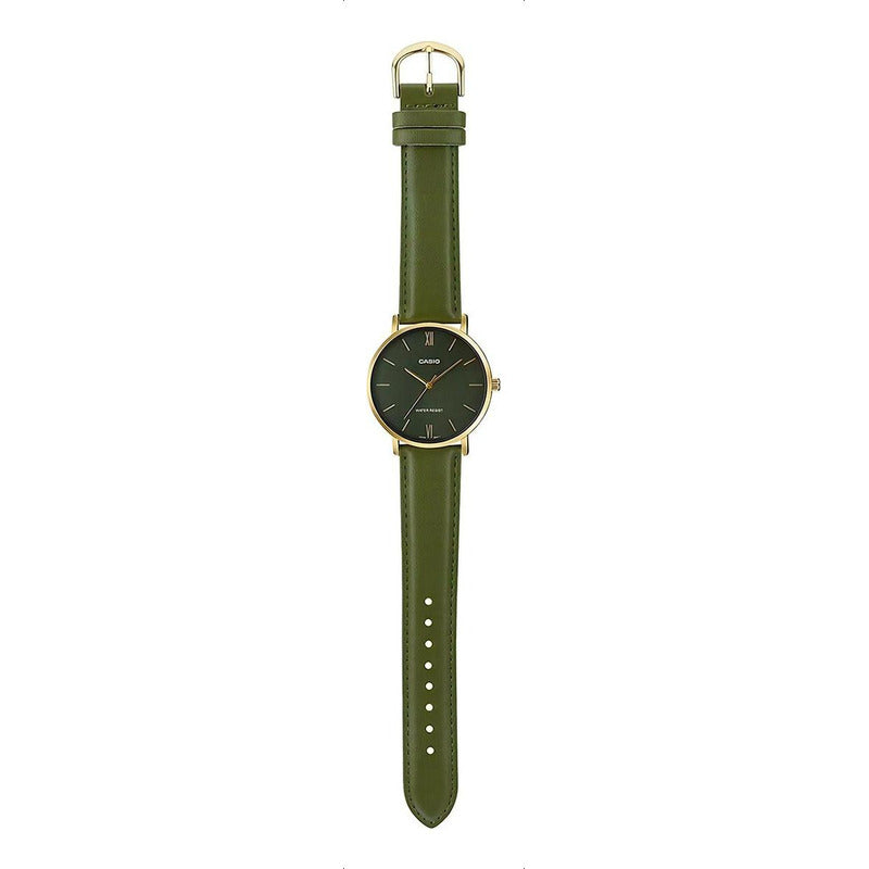 Reloj Pulsera Casio Mtp-vt01gl-3b Con Correa De Cuero Color Verde - Bisel Dorado