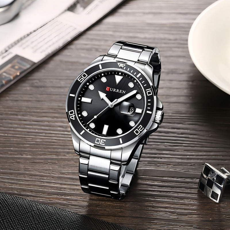 Relojes De Negocios Luminosos Curren 8388 Calendar Bisel Plata Negro