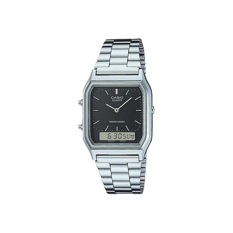 Reloj Pulsera Casio Aq-230 Con Correa De Acero Inoxidable Color Plateado - Fondo Negro/gris