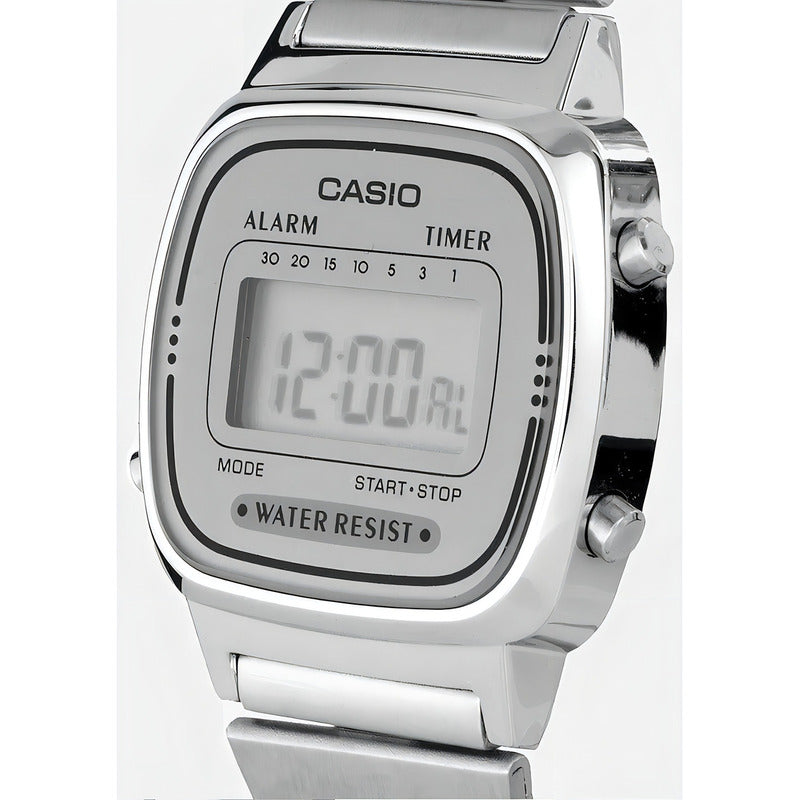 Reloj Pulsera Digital Casio La670wa-7df Con Correa De Acero Color Plata - Fondo Gris - Bisel Plateado