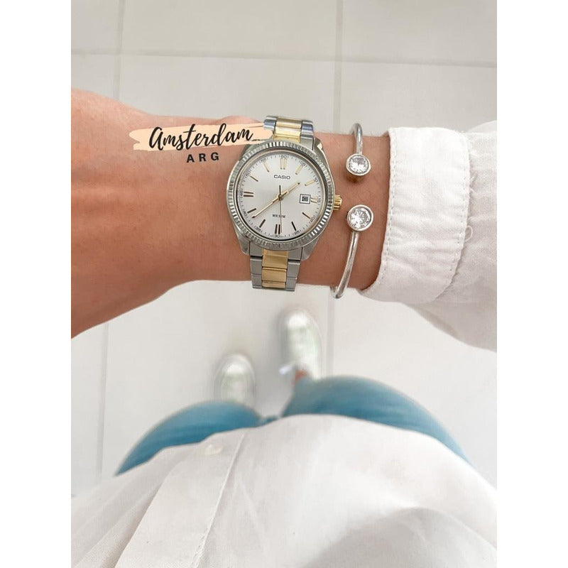 Reloj Casio Mujer Ltp-1302sg-7avdf Bicolor Plateado Blanco