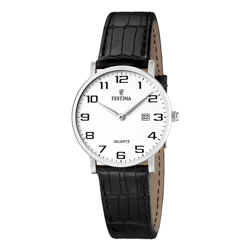 Reloj Mujer Festina F16477/1 Cuero Negro Analógico Negro Plateado Blanco