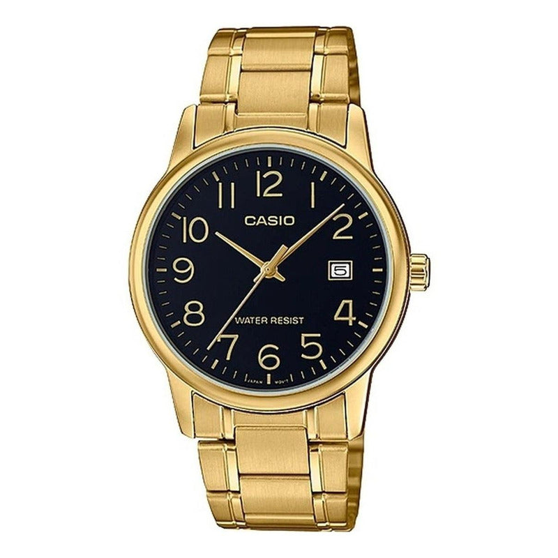 Reloj Pulsera Casio Mtp-v002g-1b Con Correa De Acero Inoxidable Color Dorado - Fondo Negro