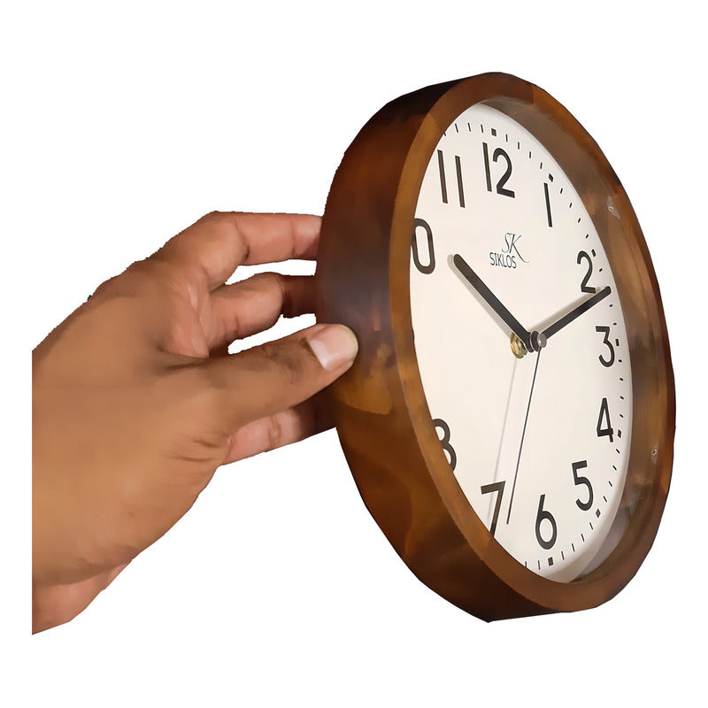 Reloj De Pared Clásico Siklos 20cm Madera Silencioso Color Marrón Oscuro Ma Blanco