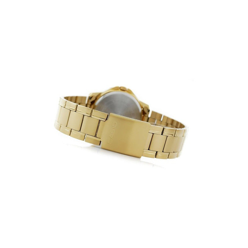 Reloj De Pulsera Casio Enticer Mtp-v004 De Cuerpo Color Dorado, Analógico, Para Hombre, Fondo Blanco, Con Correa De Acero Inoxidable Color Dorado, Agujas Color Dorado, Dial Negro, Minutero/segundero N